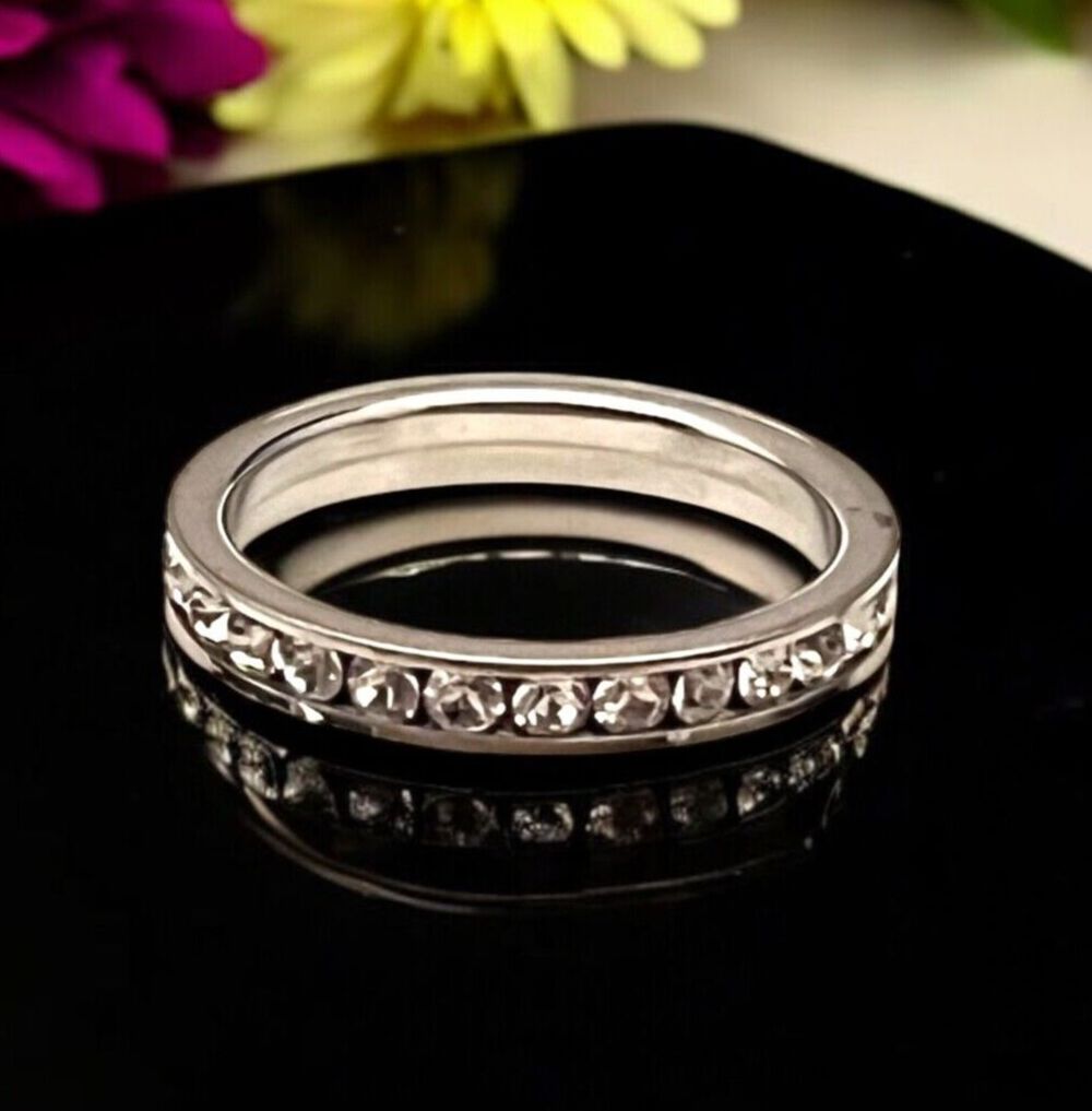 New Boutique Silver Ring Size 9 Stackable Band Clear Crystals - 2P